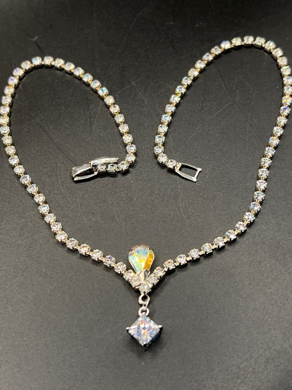 Vintage Crystal Drop Necklace - Silver Tones 21